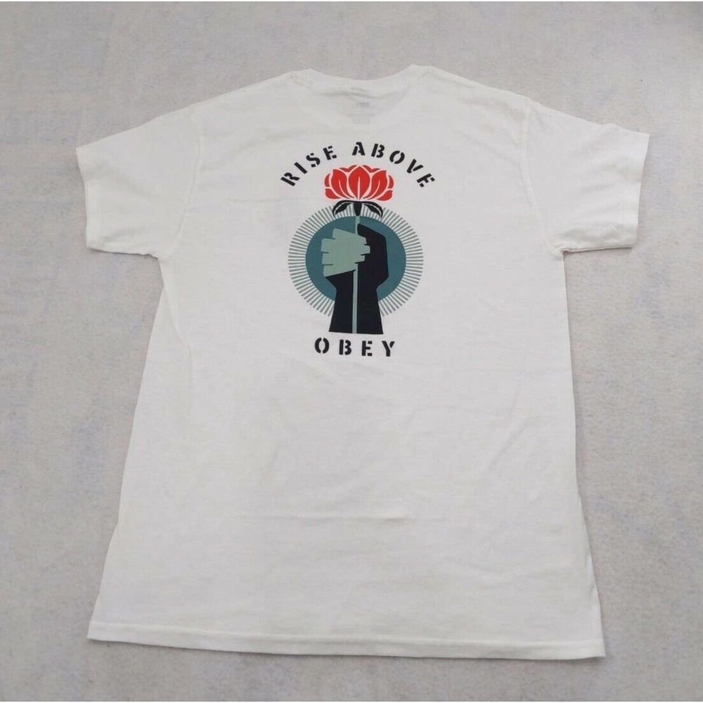 Obey Men's T-Shirt Rise Above Flower Fist White Size Medium Shepard Fairey